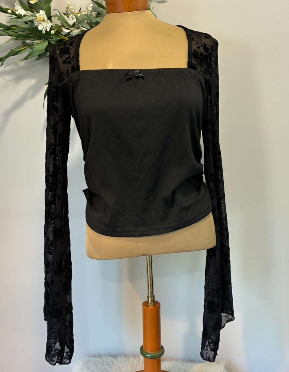 Witchy Whimsigoth Black Bell Sleeve Top Velvet Floral Crop Ruched Goth, XL
